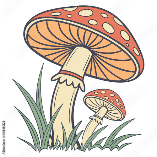 Cartoon vector illustration of red and white poisonous toadstool mushrooms in green grass, a nature-inspired autumn design