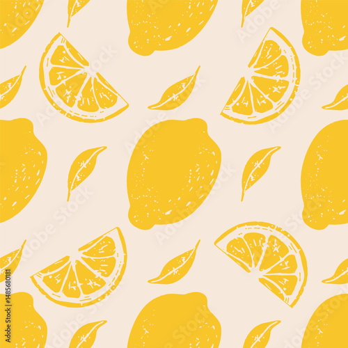 Vintage hand-drawn lemon seamless pattern. Textured woodcut art with vintage engraving aesthetics.