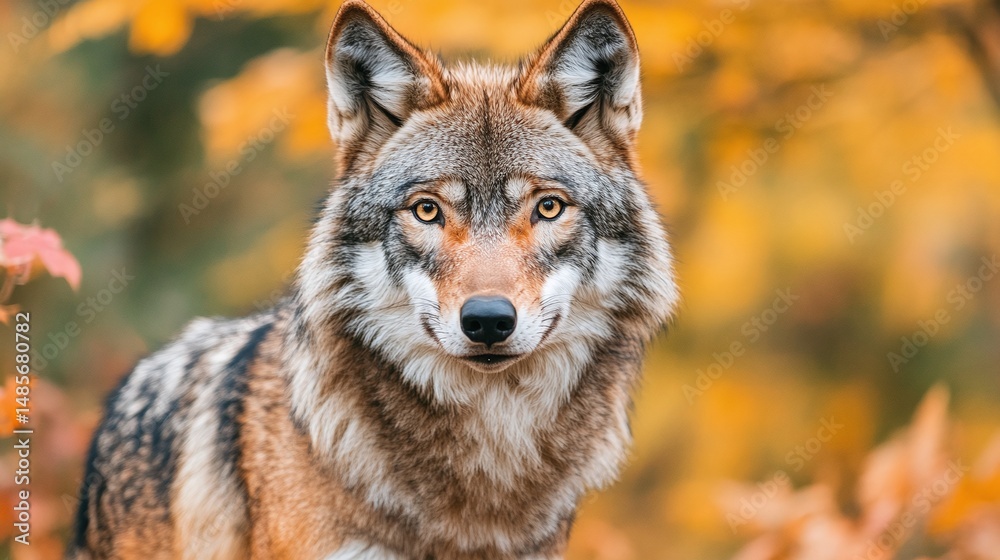 Fototapeta premium Close-up portrait of a magnificent wolf in autumn foliage.