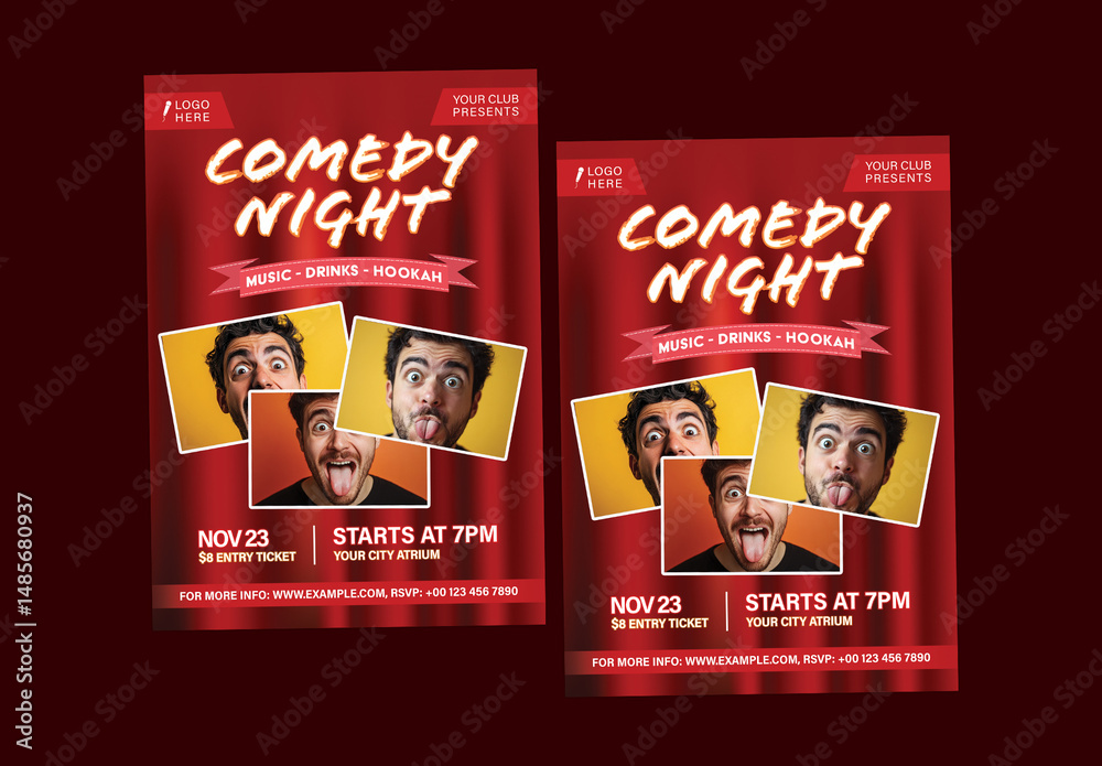Funny Comedy Night Flyers with Silly Male Comedian Photos and Club ...