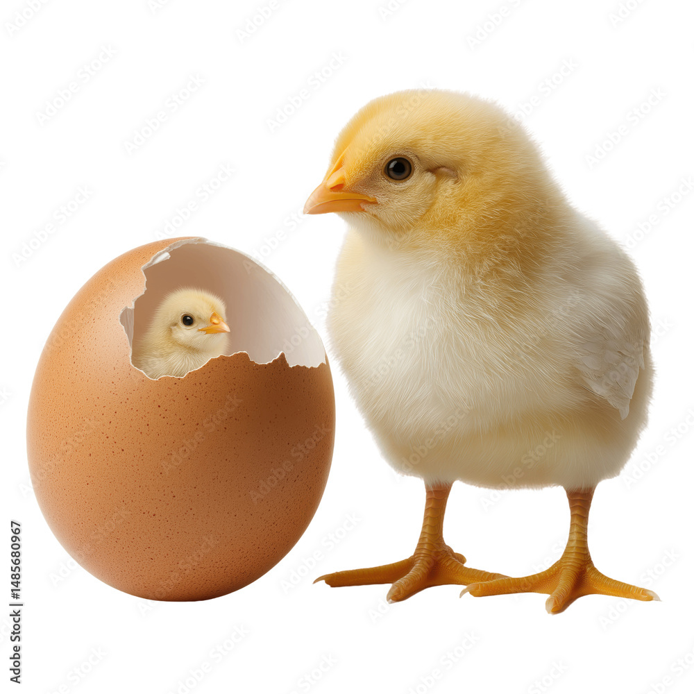 Fototapeta premium Emergence: Capture the essence of new beginnings with a close-up shot of a newly hatched chick and eggshell, symbolizing growth and the wonders of life.