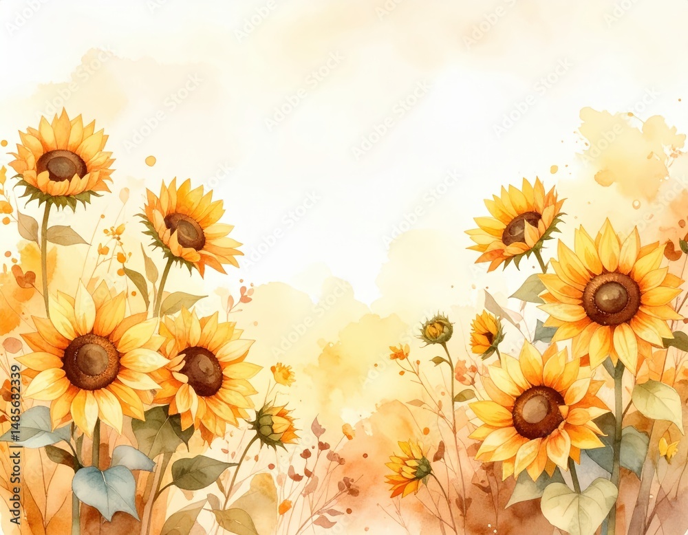Obraz premium A vibrant watercolor background featuring a field of sunflowers, showcasing their bright yellow petals and green leaves, perfect for cheerful designs.