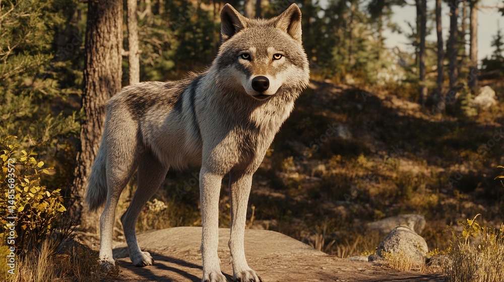Obraz premium A gray wolf stands alert in a forest setting.