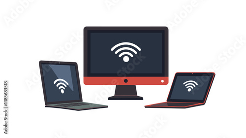 Wifi connection. devices with wi fi icon. Laptop, mobile phone, monitor, tv, tablet wi-fi connected with each other. Flat vector design