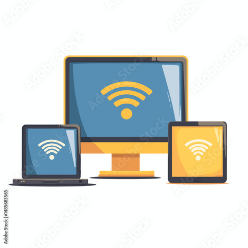 Wifi connection. devices with wi fi icon. Laptop, mobile phone, monitor, tv, tablet wi-fi connected with each other. Flat vector design