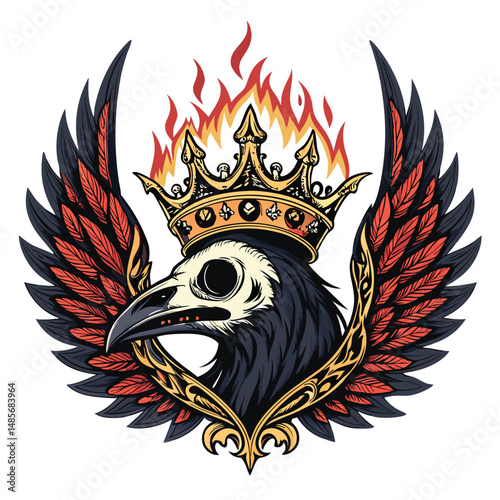 Create a gothic fantasy illustration of a raven skull adorned with a crown, possessing fiery, demonic wings.  Focus on intricate detail and dark aesthetic.