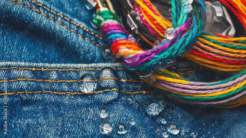 Wet denim detail with threads