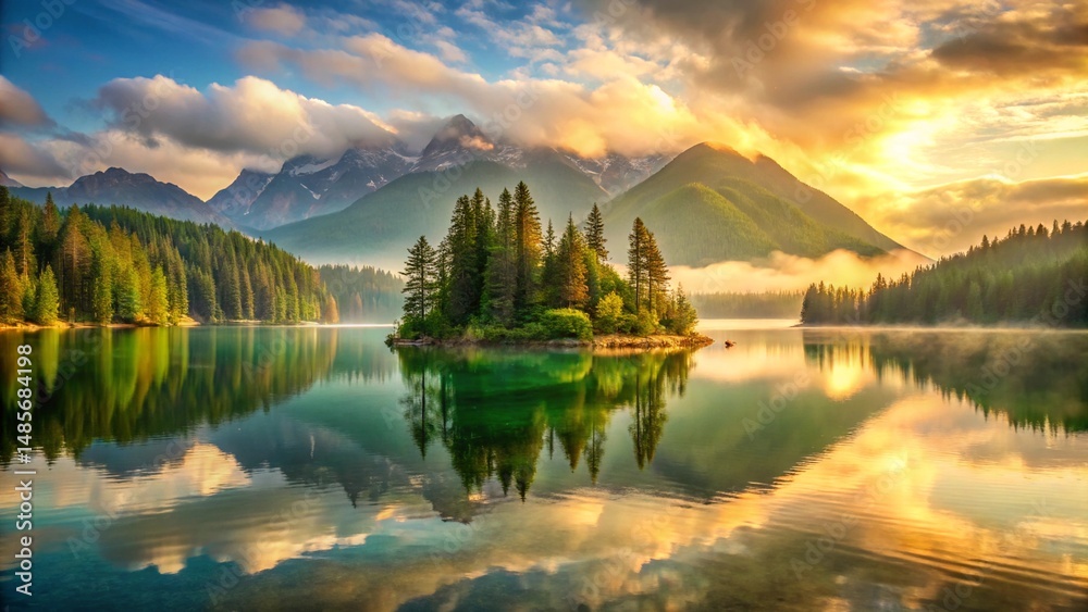 Fototapeta premium The scenic view of a summer sunrise reflecting on the calm lake water contrasts with a colorful sunset over distant mountains
