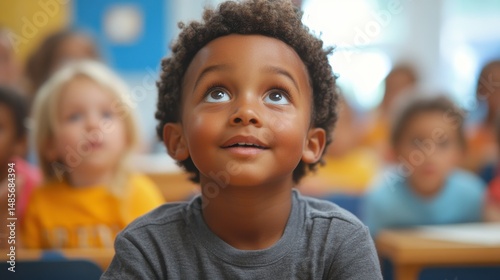 A young African American boy looks up with wonder in a classroom setting. His curious expression and the soft lighting create a heartwarming scene.