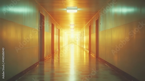 Warm light illuminates an empty hallway, creating a serene and mysterious atmosphere. The long corridor stretches towards a bright light source at the end.