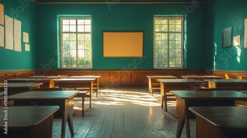 Empty classroom with wooden desks and teal walls bathed in sunlight streaming through large windows.  A tranquil and nostalgic scene.