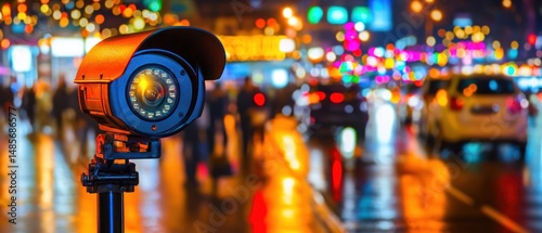Night City Surveillance: A Security Camera in the heart of a vibrant metropolis, capturing the city's nocturnal energy and reflecting the urban landscape.