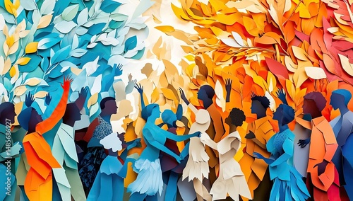 Paper people, vibrant colors, diverse,  celebration