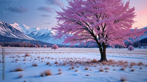 A beautiful pink cherry blossom tree covered in snow by a lake with mountains in background, representing peace, nature�s contrast and seasonal harmony in a scenic landscape