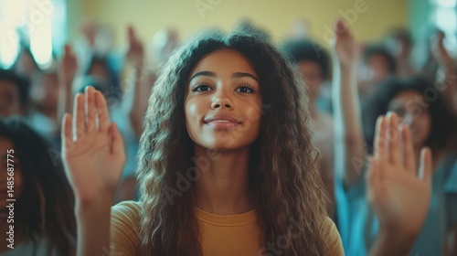 A young woman with long curly hair raises her hand in a classroom setting.  She is surrounded by other students, also participating.
