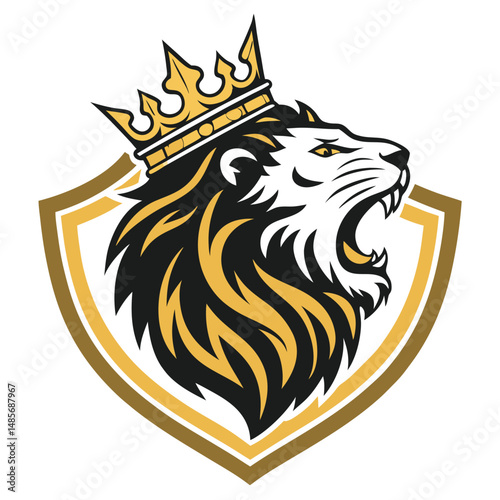 Design a heraldic crest featuring a roaring lion rampant within a stylized urban crown, incorporating modern architectural elements.