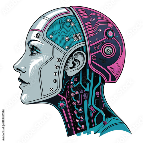 A futuristic robotic head, bisected to reveal vibrant neon-glowing internal circuitry and complex mechanical components.