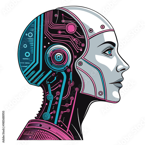 Cyberpunk robotic head, bisected, revealing vibrant neon green and blue circuit boards, intricate internal mechanisms.