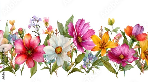 Vibrant Watercolor Floral Border: A symphony of colors in a stunning botanical illustration featuring a diverse array of blossoms.