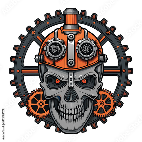 A detailed rendering of a robotic skull, constructed from steel, featuring intricate steam pipes and exposed clockwork gears.  The skull should exude a steampunk aesthetic.