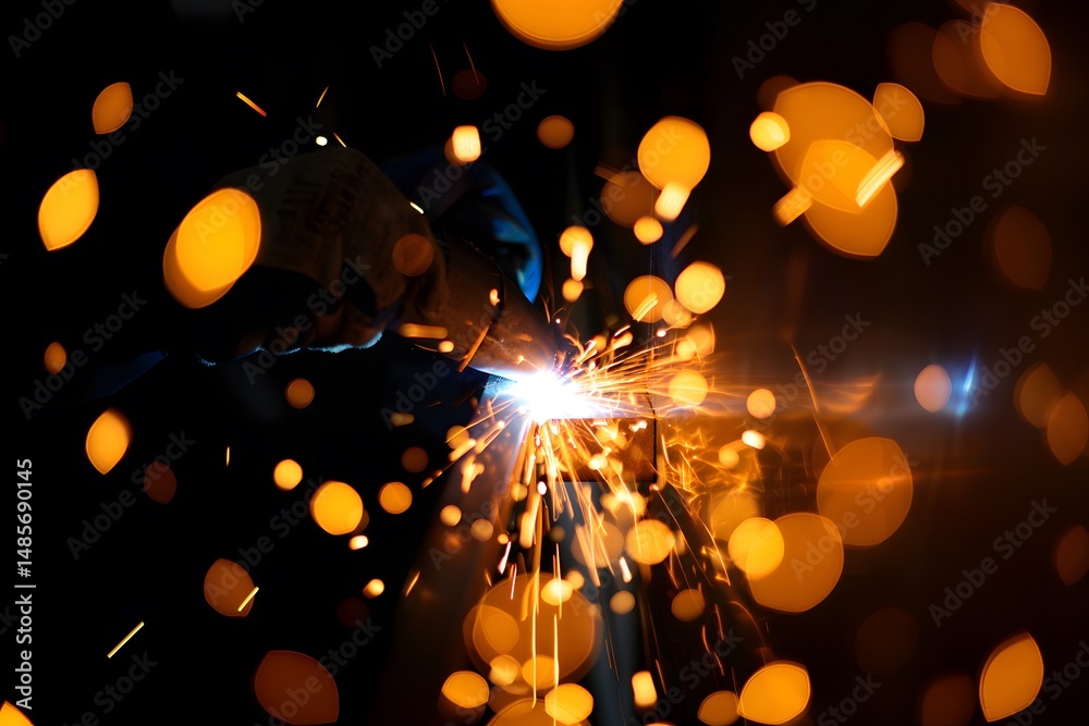 Obraz premium Hot Sparks Erupting During Plasma Cutting in a Dark Factory Environment