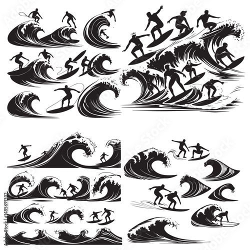 set of black various SURFER vector silhouettes collection