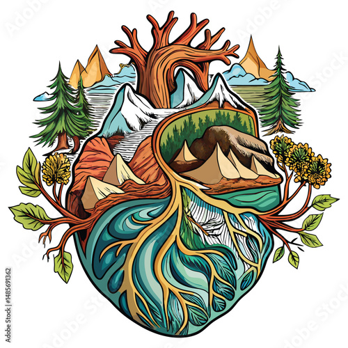 Surreal Anatomical Heart Infused with Elements of Nature Featuring Mountains and Trees