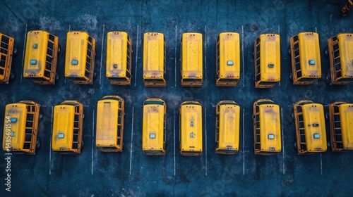 Overhead view of a parking lot filled with yellow school buses. The uniform color and arrangement create a striking visual pattern against the dark asphalt.