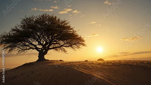 A dramatic silhouette of a lonely tree at sunset with golden sky and soft clouds, showing a peaceful natural environment and emotional mood for tranquil outdoor visuals