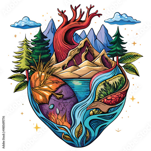 Surreal Illustration of an Anatomical Heart Infused with Nature Elements Including Mountains and Rivers