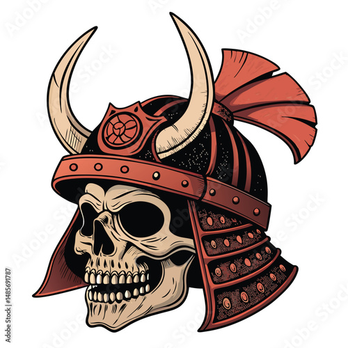 A weathered samurai skull, partially obscured by a cracked kabuto helmet, rests amidst fallen tusks; evocative of a fallen warrior's tragic end.