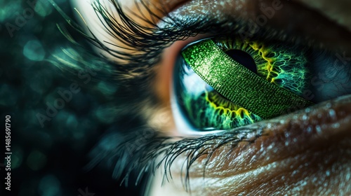Close-up of a woman's eye, showcasing intricate details and vibrant green tones. The image evokes a sense of mystery and depth.
