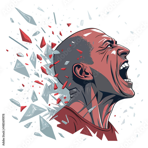 A grayscale image depicting a screaming head amidst shattered glass, conveying intense distress and fragmentation.