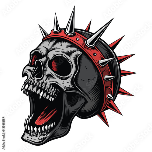 A terrifying screaming skull, pierced by numerous heavy metal spikes, rendered in detailed, gritty realism.  Background should be dark and ominous.