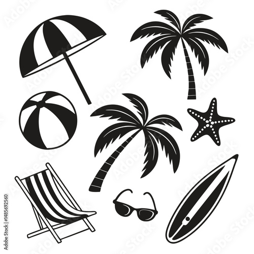 Tropical summer vector design features a silhouette of a palm tree on a paradise beach at sunset, embodying the perfect island vacation