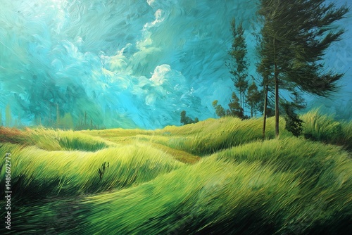 Serene Nature Fusion: Emerald Grass, Majestic Trees, and Ethereal Skies Unite