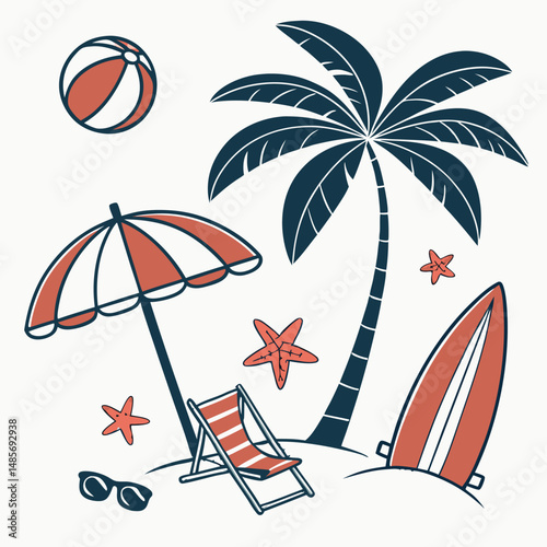 Tropical summer beach scene vector illustration with sun, palm tree, umbrella, and sea