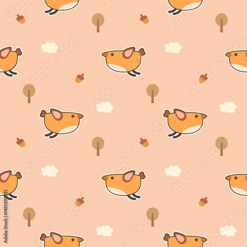 Bird yellow cartoon so cute. On tree cloud acorn background. Pattern seamless vector illustration. 