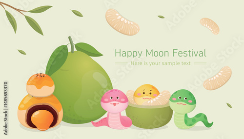Pomelo and pulp, moon cake and egg yolk, delicious traditional Chinese dessert, vector illustration poster
