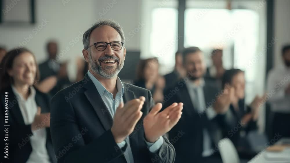 Happy businessman receives applause at a conference, joyful expression Happy businessman receives applause at a conference, joyful expression