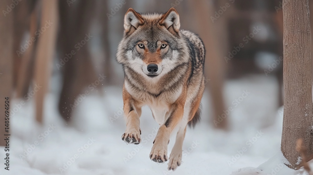 Naklejka premium A leaping wolf in a snowy woodland setting.