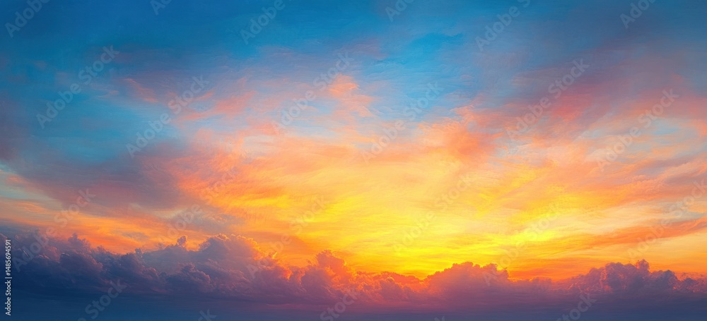 Fototapeta premium Vibrant sunset sky with glowing orange and yellow hues blending into soft blue with scattered clouds