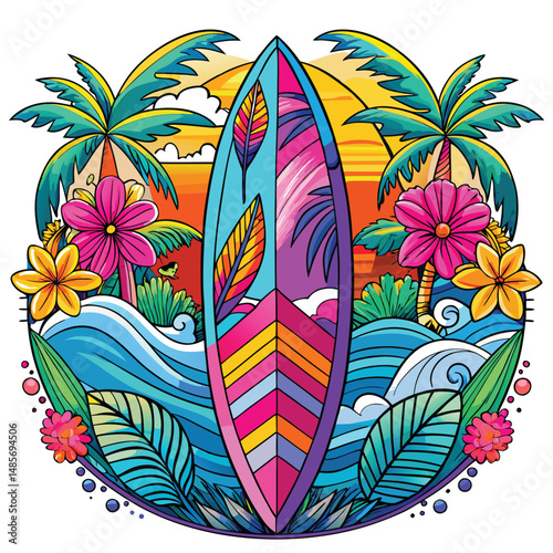Vibrant Tropical Surfboard Artwork with Palms and Flowers Under a Colorful Sunset Background