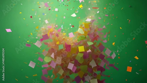 Falling colorful confetti pieces on a bright green background, representing festive celebrations, parties or joyful visual themes in creative presentations or event designs