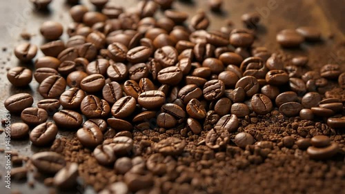 Roasted coffee beans spread on a rustic surface in warm lighting, showing rich texture, aroma and depth perfect for caffeine themes, morning energy or gourmet food projects