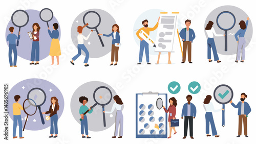 Magnifying Insights: A diverse group of individuals, each with a magnifying glass, engaged in a process of collaborative analysis.
