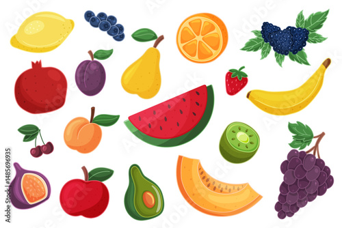 Flat vector set of various fresh fruits including apple, banana, kiwi, fig, grape, melon and others. Isolated on white background.