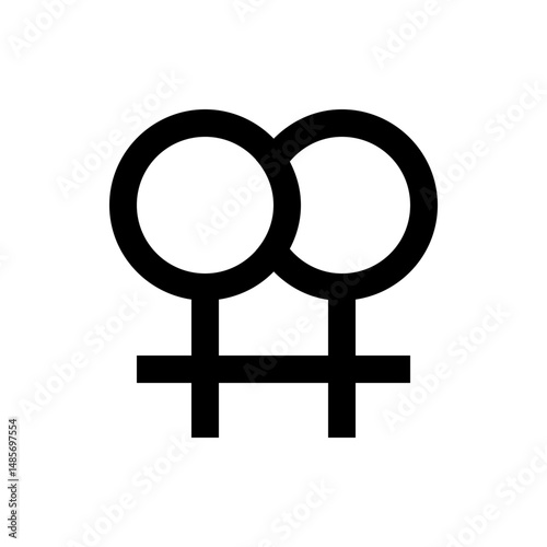 Illustration of two interconnected female gender symbols in black on a white background graphic design