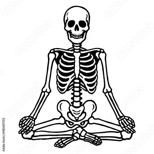 Skeleton in lotus pose. Meditative and humorous black and white line illustration combining yoga and Halloween elements.
