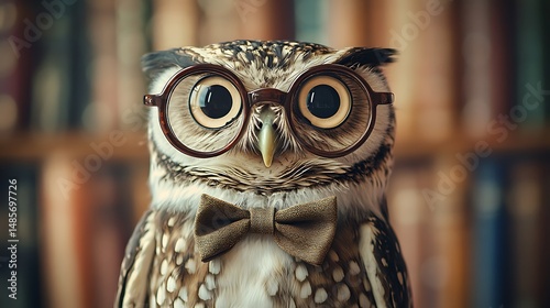 Adorable Owl wearing Glasses and Bow Tie near Bookshelf